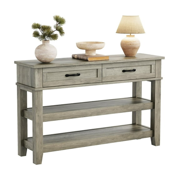 Luku Farmhouse Entryway Table, 3-Tier Wooden Console Table with 2 Storage Drawers for Hallway or Living Room – Grey
