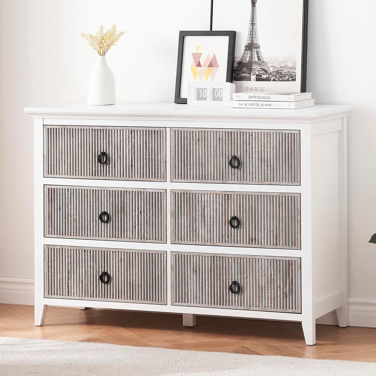 55 Inch Wide 6-Drawer Fluted Dresser - Modern Curved Design, Walnut Finish, For Bedroom Or TV Stand