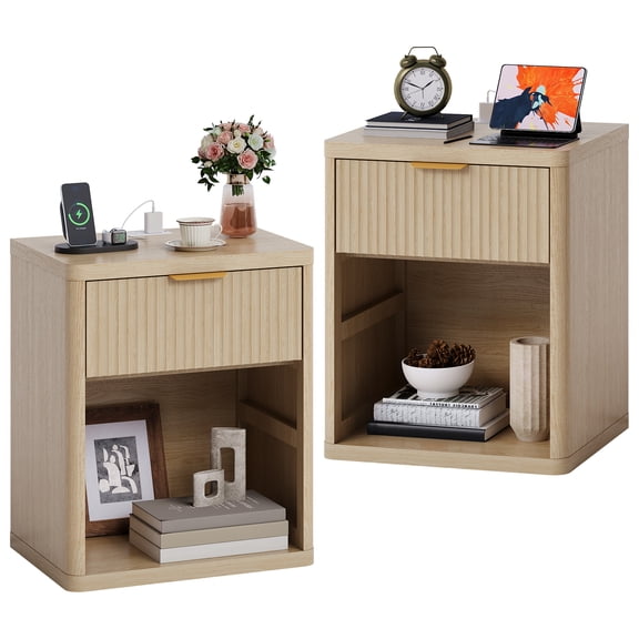 Luku Fluted Nightstand with Charging Station, Modern Bedside Table with 1/2/3 Drawers & Open Storage, Metal Handles, Curved Edge, for Bedroom & Living Room