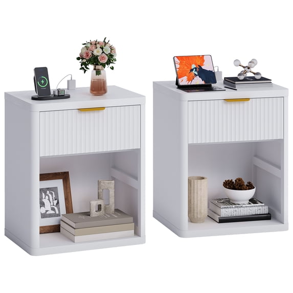 Luku Fluted Nightstand with Charging Station, Modern Bedside Table with 1/2/3 Drawers & Open Storage, Metal Handles, Curved Edge, for Bedroom & Living Room