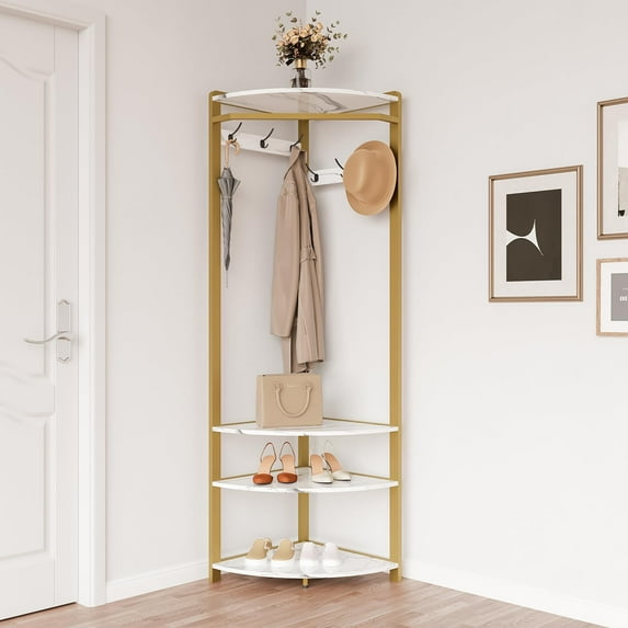 Luku Freestanding Corner Coat Rack with Shelves and Bench for Entryway