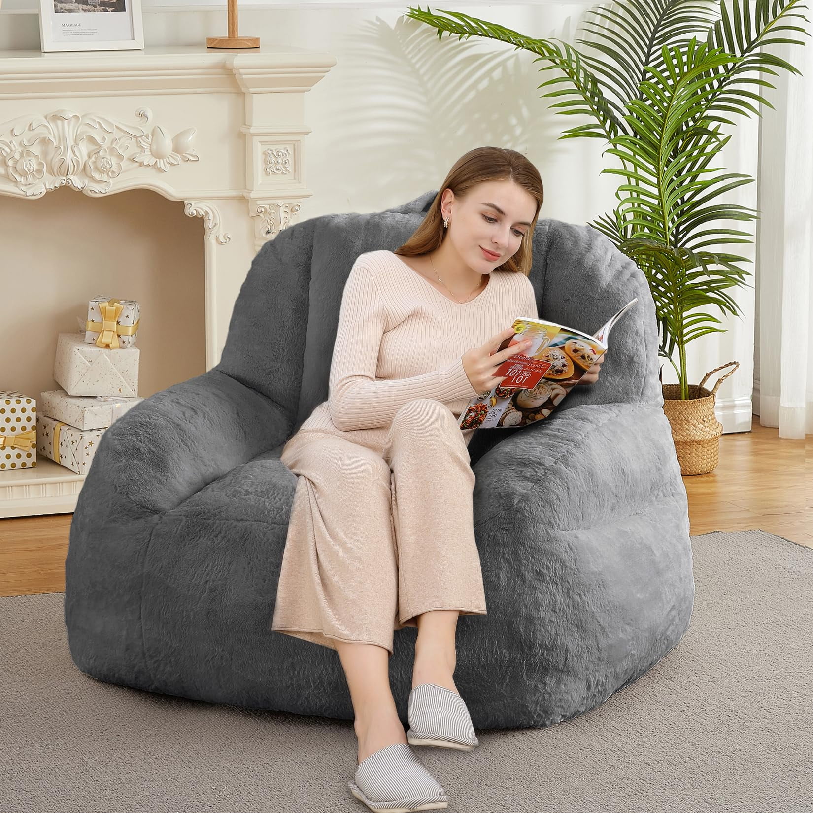 Luku Giant Bean Bag Chair, Faux Fur Stuffed Bean Bag Couch with Filler, Bean Bag Chair for Adults, Big Lazy Sofa Floor Sofa with Handle, Large Living Bean Bag