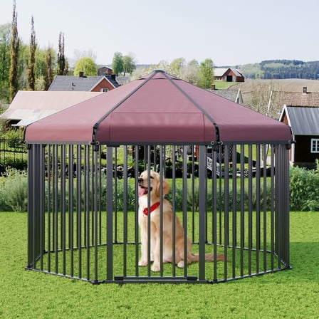 Luku Heavy Duty Octagon Outdoor Dog Kennel - 58''L x 58''W x 43''H with Roof, Lockable Metal Gate for Backyard