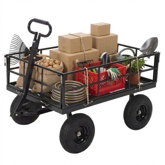 Luku Heavy Duty Steel Garden Cart With 10-Inch Tires and 180-Degree Rotating Handle, Utility Wagon for ATV, Farm or Lawn