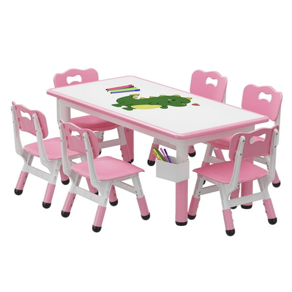 Luku Height Adjustable Kids Table and 6 Chairs Set - Graffiti Desktop, Easy-to-Clean Arts & Crafts Table with Non-Slip Legs, Detachable Storage Box for Daycare, Classroom, and Home