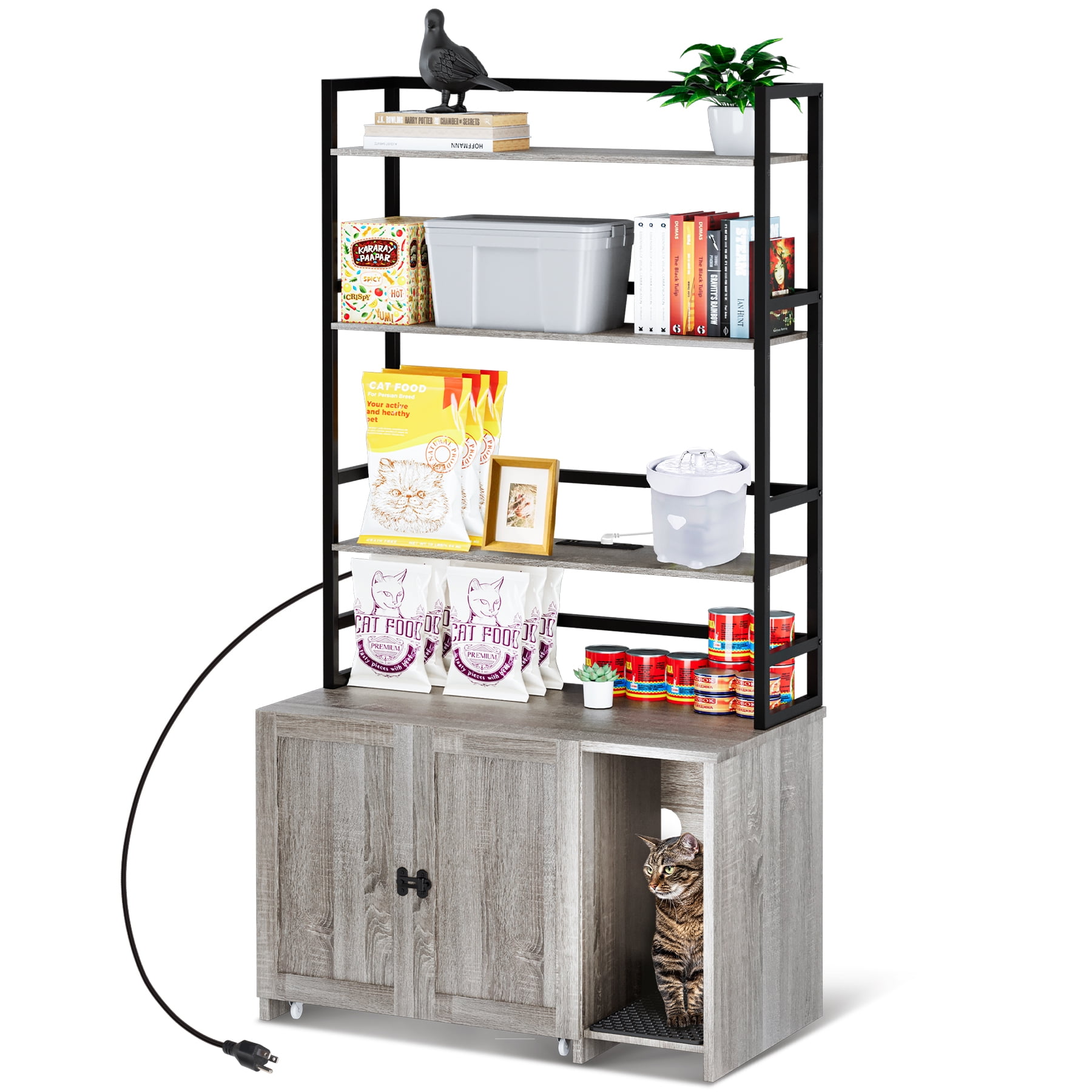 Large Gray Cat Litter Box Enclosure with Shelves and Charging Station