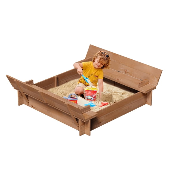 Luku Kids' Outdoor Wooden Sandbox Large,Kids' Outdoor Cedar Sandbox Large with 2 Foldable Bench Seats, Outdoor Kid Sand Pit for Backyard