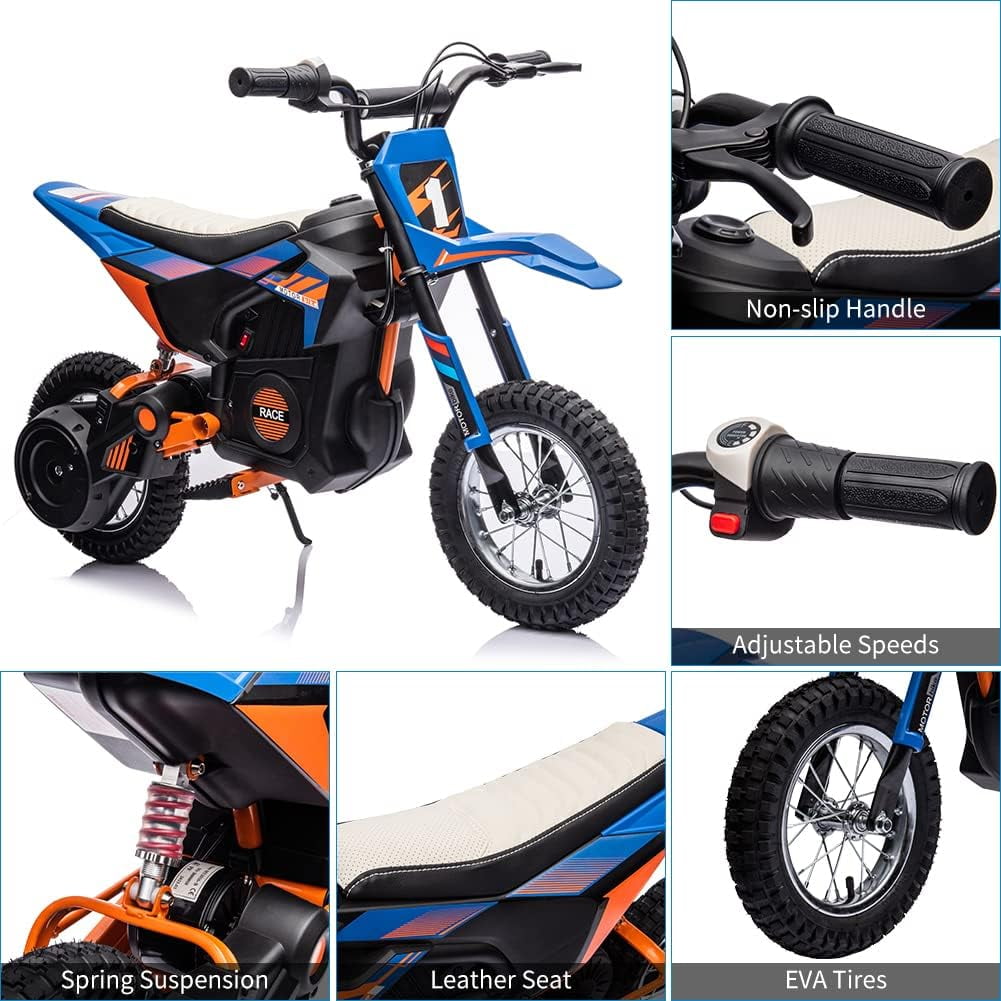 24V Kids Electric Dirt Bike Motorcycle - 250W Motor, 13.6 MPH Max, Air Tires, For Teens (Blue)