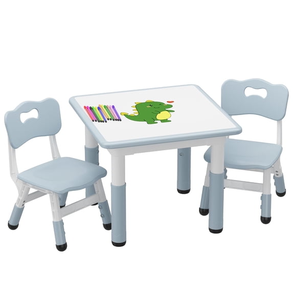 Luku Kids Table and 2 Chairs Set with Graffiti Desktop, Height Adjustable Toddler Table and Chairs Set for Reading, Drawing, Playing, Eating
