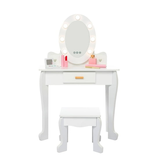 Luku Kids Vanity Set with Mirror,Kids Vanity Table and Chair Set Girls' Makeup Dressing Table with Lights & Wood Makeup Playset for Age 4-9 Years