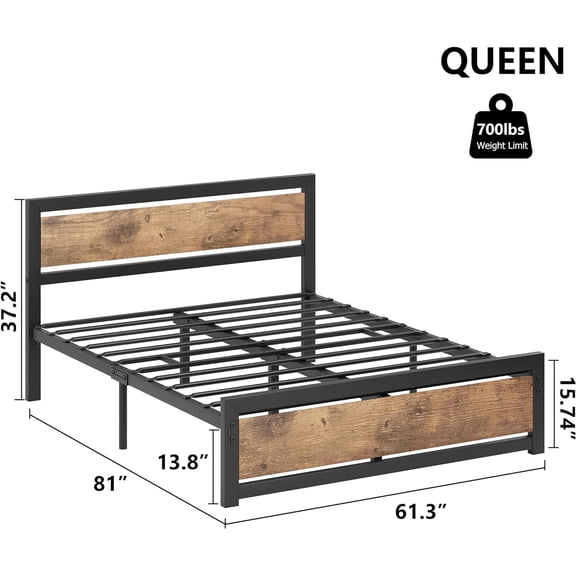 Luku King Bed Frame with Wooden Headboard, 14" Industrial Platform