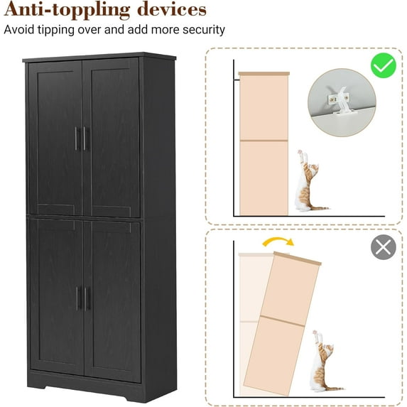 Luku Kitchen Pantry Cabinet, Freestanding Pantry Storage Cabinet with Doors and Shelves, 70" Cupboard, Modern Tall Cabinet for Bathroom, Dining Room, Living Room, Black