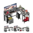 thumbnail image 1 of Luku L Shaped Computer Desk with Power Outlet, Reversible Gaming Desk with File Drawer, Grey, 1 of 9