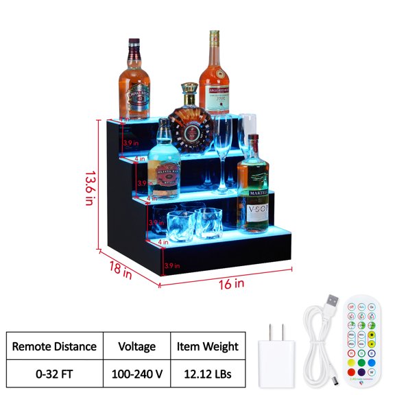 Luku LED Lighted Liquor Bottle Display Shelf, App Control, Wine Holder Slots, 1-3 Steps, 16-60 inch is optional