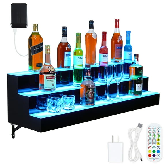 Luku LED Lighted Liquor Bottle Display Shelf, App Control, Wine Holder Slots, 1-3 Steps, 16-60 inch is optional
