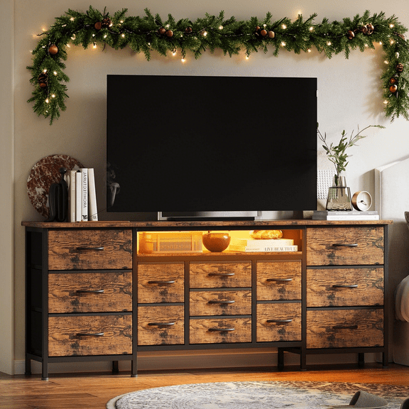 Luku Large 70" TV Stand with 13 Drawers, LED Light & Power Strip, Modern Dresser Storage Organizer for Bedroom, Entertainment Room