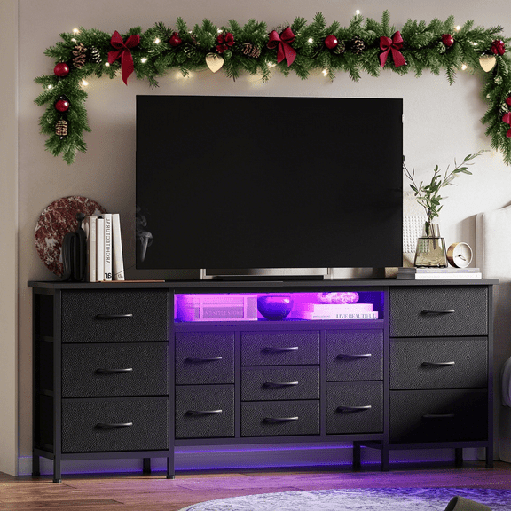 Luku Large 70" TV Stand with 13 Drawers, LED Light & Power Strip, Modern Dresser Storage Organizer for Bedroom, Entertainment Room