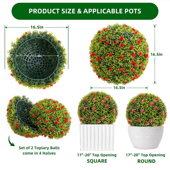 Luku Large Artificial Topiary Balls Set of 2 with Hanging Chains, Faux Flower Balls for Indoor & Outdoor Decor
