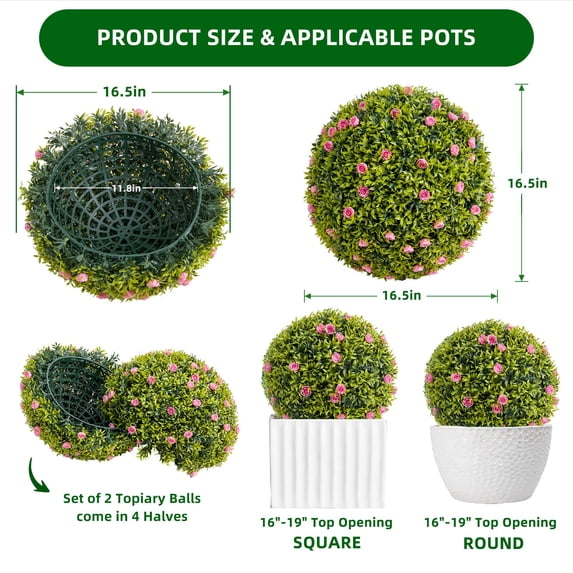 Luku Large Artificial Topiary Balls Set of 2 with Hanging Chains, Faux Flower Balls for Indoor & Outdoor Decor