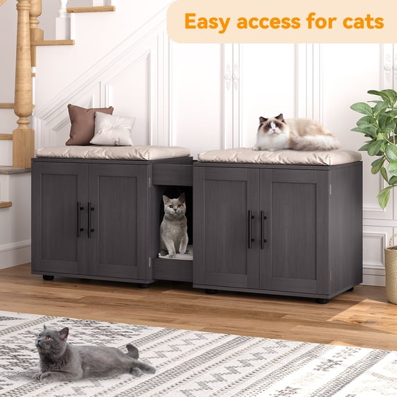 Luku Litter Box Enclosure with Double Room, Cat Hidden Wooden Box Furniture for 2 Cats, Walnut Color