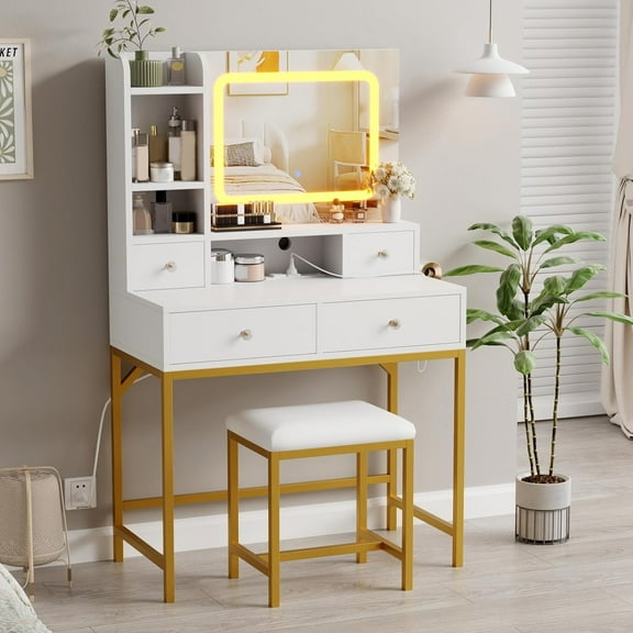 Luku Makeup Vanity Desk with Mirror, Vanity Desk with Lights in 3 Colors, Girls Vanity Table with Charging Station, 4 Drawers, 6 Storage Shelves for Bedroom