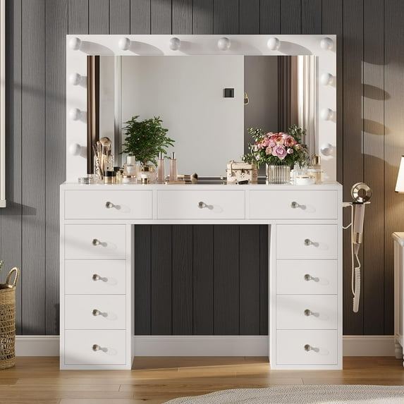 Luku Makeup Vanity Desk with Mirror & 12 LED Lights, White Dressing Table with 11 Drawers