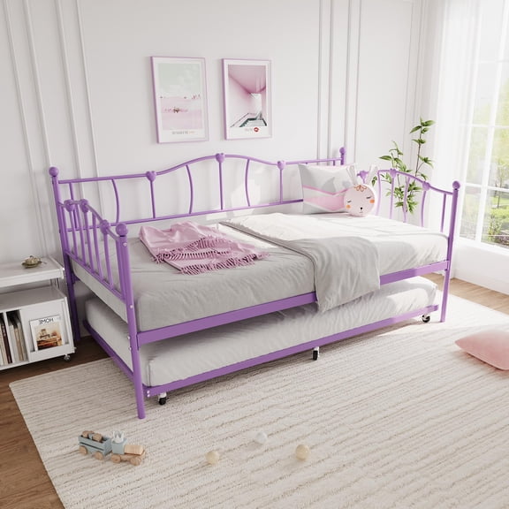 Luku Metal Twin Daybed with Trundle, Pullout Bed & Headboard, Steel Slat Support