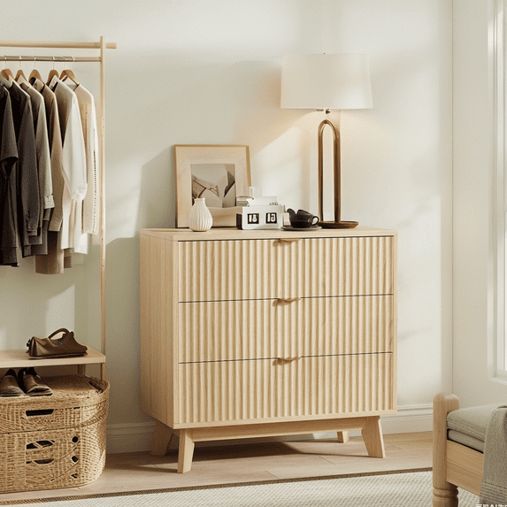 Luku Mid Century Modern Fluted 3 Drawer Dresser, Boho Wood Chest with Deep Drawers & Metal Handle, Large Storage Organizer for Bedroom, Hallway, Living Room
