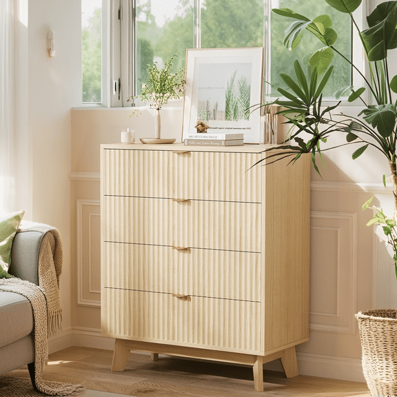 Luku Mid Century Modern Fluted 4 Drawer Dresser, Large Wooden Chest with Deep Drawers & Metal Handle, Boho Organizer Storage for Bedroom, Living Room, TV Stand