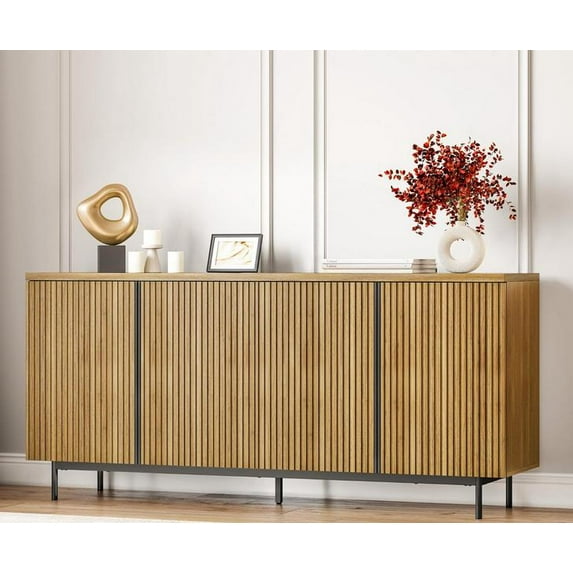 Luku Mid-Century Striped 4-Door Cabinet, Extra Long Particleboard Sideboard Buffet, Retro Storage Credenza with Conditional Partitions, Large Capacity, Easy Assembly