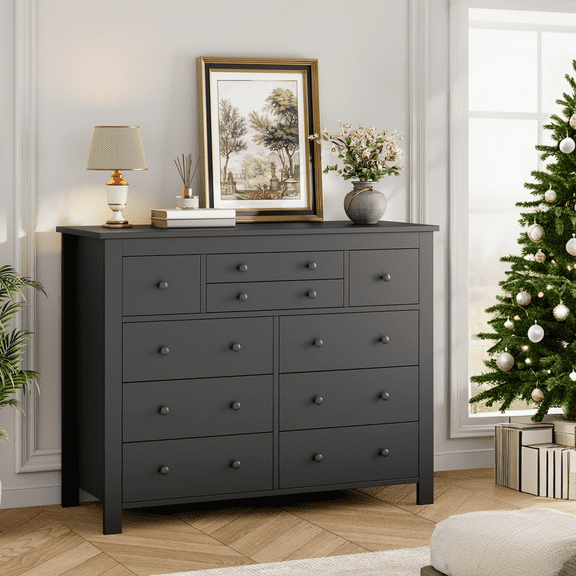 Luku Modern 10 Drawer Dresser, Large Wooden Chest with White/Black Wood Grain, Storage Organizer for Bedroom, Living Room, Hallway, Entryway