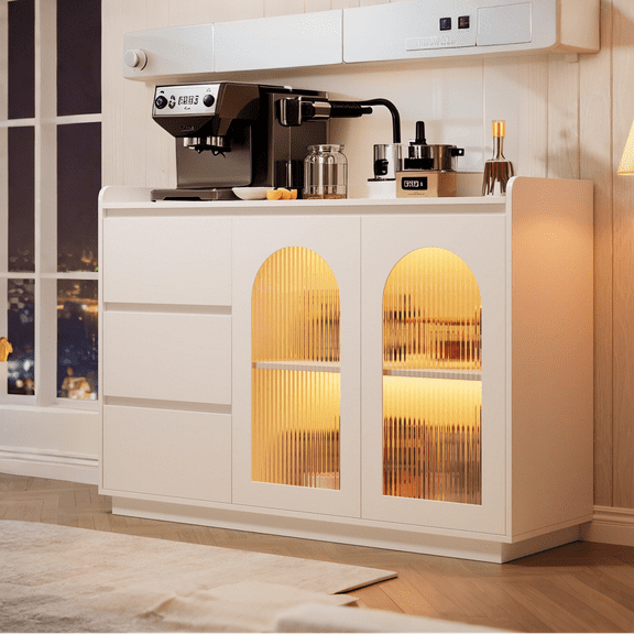 Luku Modern 48" Sideboard Buffet Cabinet with Fluted Glass Doors, 3 LED Lights & Drawers, Adjustable Shelves, Coffee Bar Storage Cabinet for Kitchen, Dining Room, Living Room