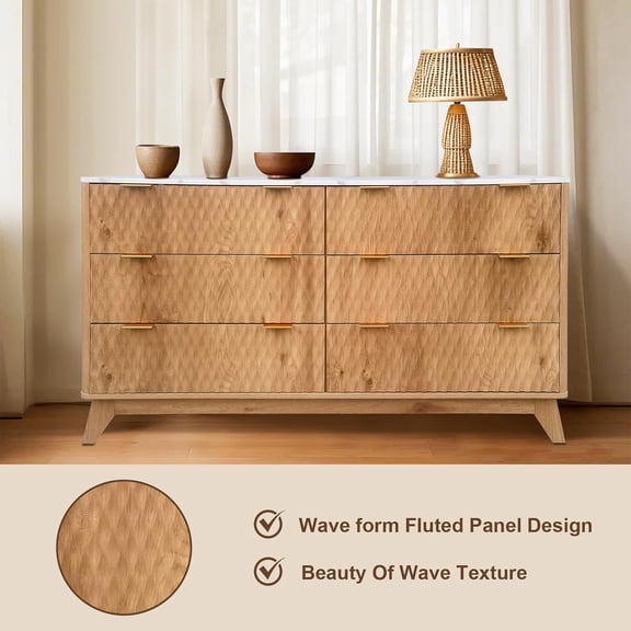 Luku Modern 54-Inch Chest of Drawers - 6-Drawer Dresser with Faux Marble Top, Oak