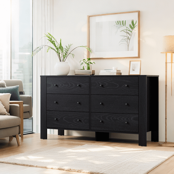 Luku Modern 6 Drawer Dresser, 50" Wide Double Chest with Deep Drawers & Metal Knobs, Wooden Storage Organizer for Kids Bedroom, Entryway, Hallway