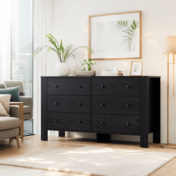 Luku Modern 6 Drawer Dresser, 50" Wide Double Chest with Deep Drawers & Metal Knobs, Wooden Storage Organizer for Kids Bedroom, Entryway, Hallway