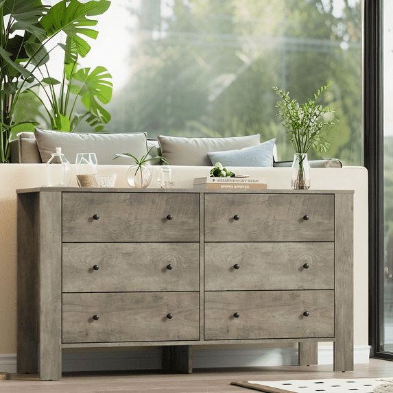 Luku Modern 6 Drawer Dresser, 50" Wide Double Chest with Deep Drawers & Metal Knobs, Wooden Storage Organizer for Kids Bedroom, Entryway, Hallway