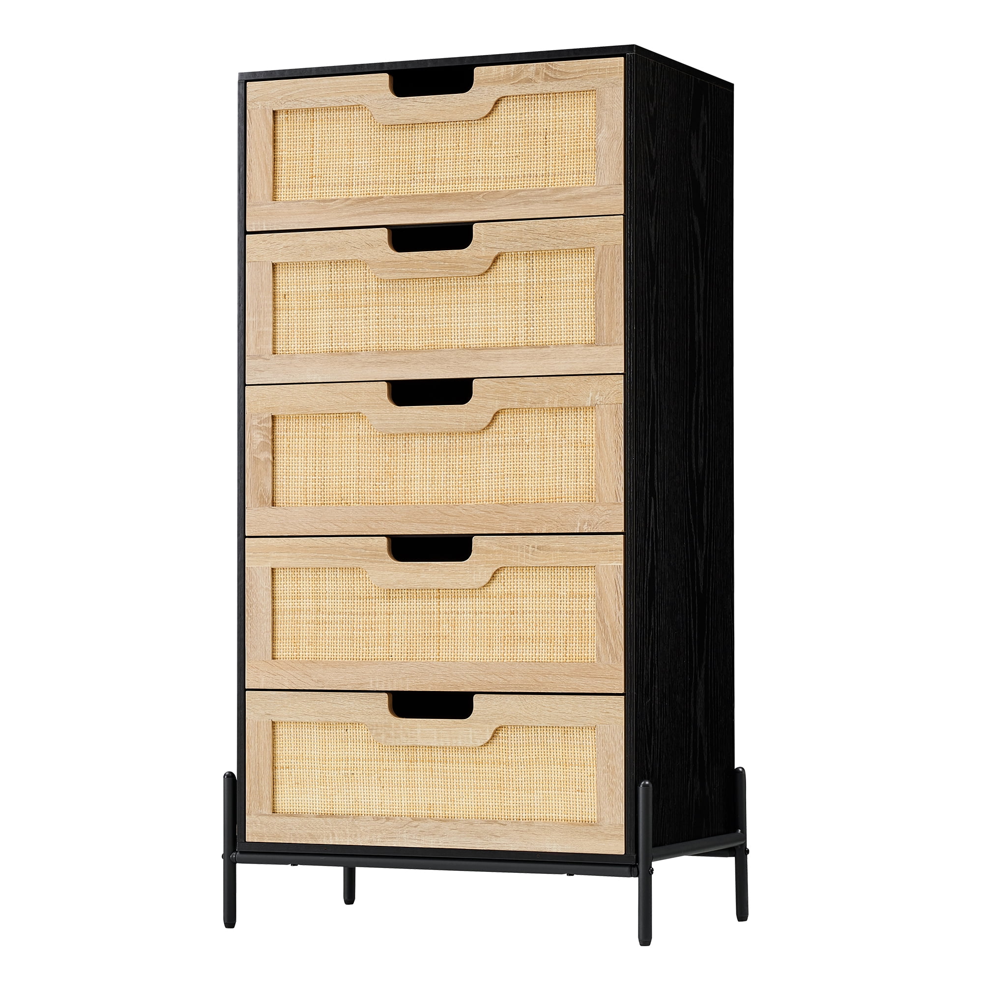 Black and Oak Rattan 5-Drawer Tall Dresser with Metal Legs