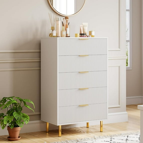 Luku Modern White 5 Drawer Dresser – Stylish Wood Chest with Gold Handles, Large Storage Drawers, Elegant Organizer for Bedroom, Living Room, Entryway