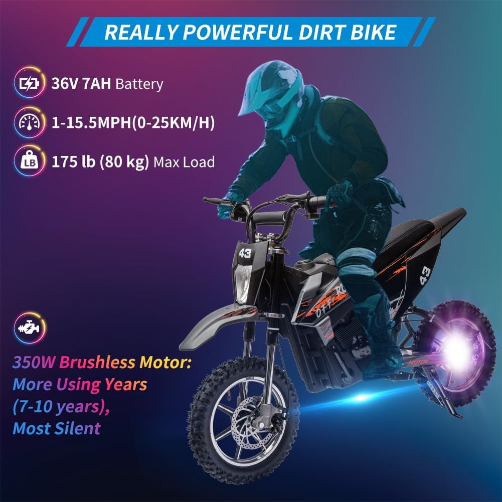 Luku Motorcycle, 36V Ride on Dirt Bike Motorcycle for Teens, Outdoor 500W Motor Off Road Motorcycle, Dirt Bike with Leather Seats, Black