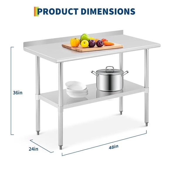 Luku NSF 24"x48"/24"x60" Stainless Steel Prep Table, Adjustable Shelf, Backsplash & Anti-Rust Finish, 36" Tall