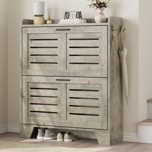 Luku Narrow Shoe Cabinet for Entryway, Slim Shoe Cabinet with 2 Flip Drawers, Farmhouse Thin Shoe Organizer Cabinet with Hooks for Entrance, Hallway, Front Door