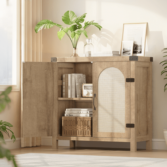 Luku Natural Rattan Sideboard Buffet Cabinet, Farmhouse Storage Cabinet, Wooden Coffee Bar with Adjustable Shelves for Dining Room, Kitchen, Living Room