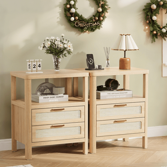 Luku Nightstand Set of 2, Large Rattan Nightstands with Drawers & Storage Shelf, Boho Farmhouse Bedside Tables for Bedroom, Living Room, Hallway