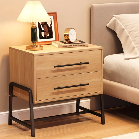 Luku Nightstand with Drawers, Light Wood Bedside Table with Metal Legs, Modern