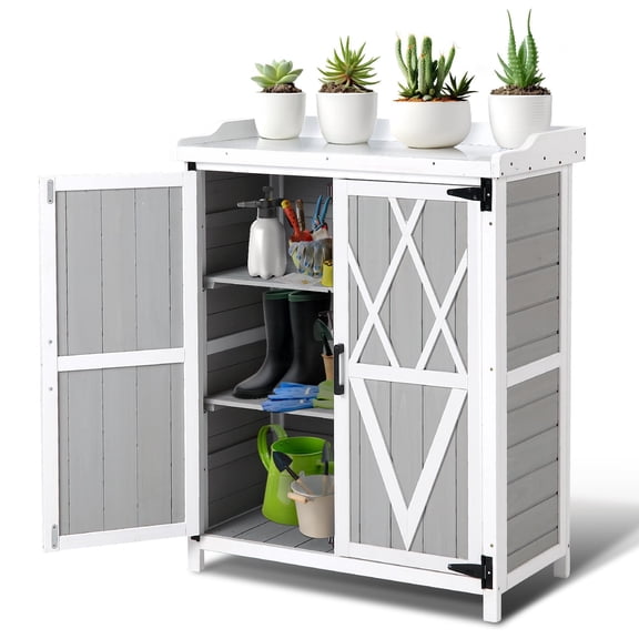 Luku Outdoor Cabinet with Metal Tabletop Garden Potting Bench Table - Outdoor Garden Patio Wooden Storage Cabinet with Adjustable Shelf, Wooden Storage Cabinets, Weatherproof for Garden Patio Lawn