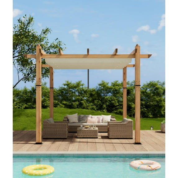 Luku Outdoor Pergola with Retractable Sun Shade Canopy, 10x10 Ft Modern Aluminum Faux Wood Grain Pergolas for Patio, Backyard, Deck, Garden, UV-Resistant Metal Shelter for Outdoor Living Space