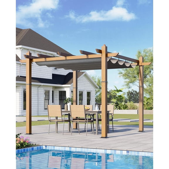 Luku Outdoor Pergola with Retractable Sun Shade Canopy, 10x10 Ft Modern Aluminum Faux Wood Grain Pergolas for Patio, Backyard, Deck, Garden, UV-Resistant Metal Shelter for Outdoor Living Space