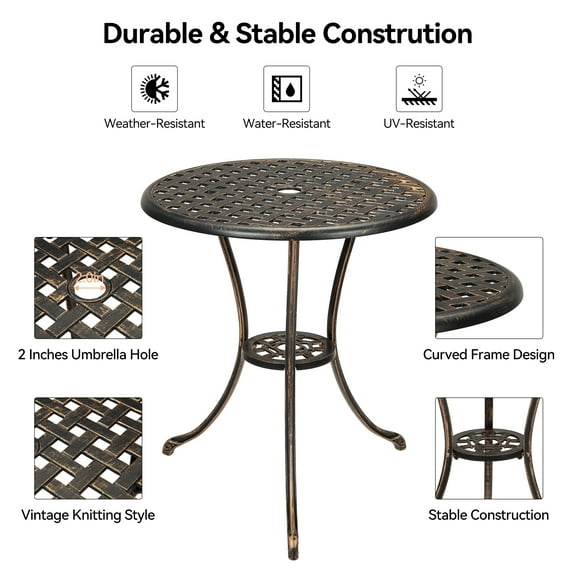 Luku Patio Bistro Table 24" Round Outdoor Coffee Table Cast Aluminum Table with Iron Frame for Balcony Backyard Lawn Garden Rustic Brown