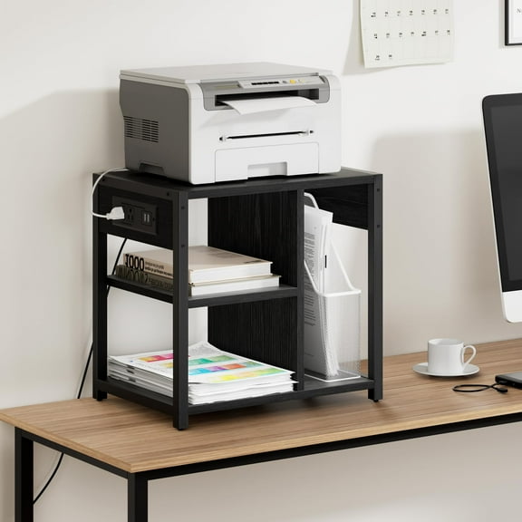 Luku Printer Stand with USB Charging Ports & Power Outlets, 3-Tier Storage Rolling Cart for Home & Office
