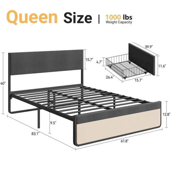 Luku Queen Upholstered Bed Frame with Headboard & 2 Storage Drawers